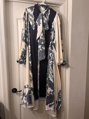 Women’s Cream and Navy Printed Long Coat with Tie Neck